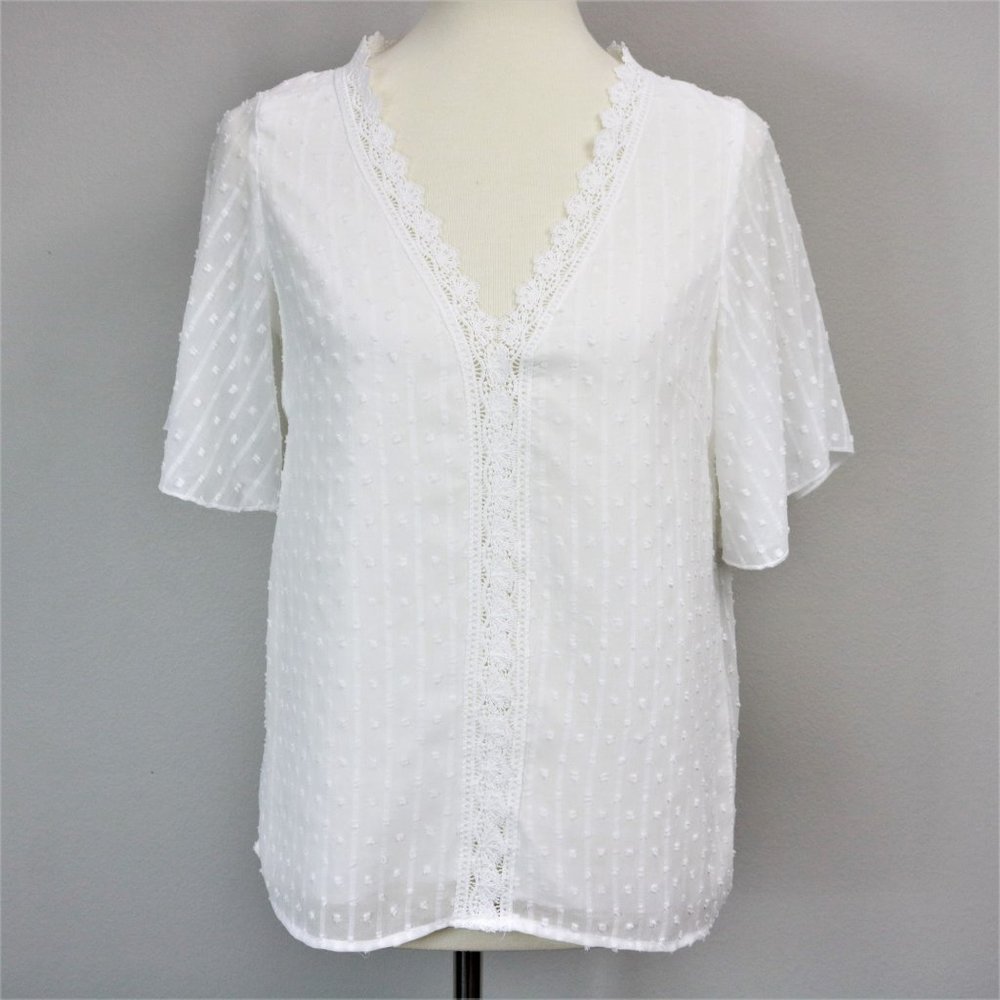 SHEIN White Swiss Dot Lace Sheer Short Sleeve Blouse Women’s Size S (4)
